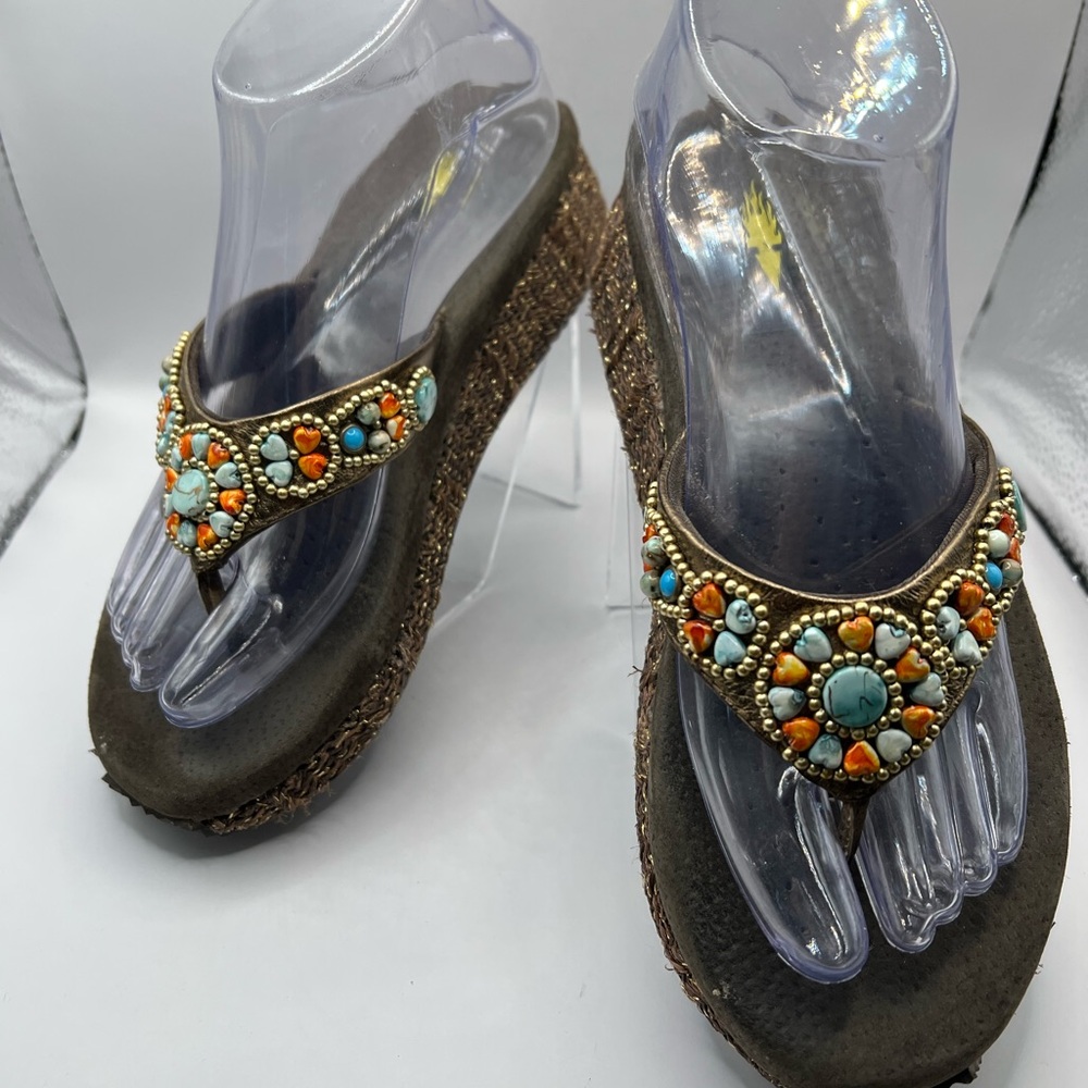 Volatile Brown Wedge Sandals with Turquoise & Orange Beads